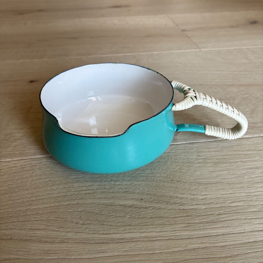 Dansk VTG MCM Kobenstyle Turquoise Enamel Butter Warmer Pitcher Wicker EUC